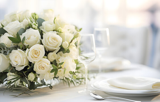 wedding table decorated with white rose flowers and candles