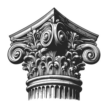 Ionic Roman Greek column capital intricate acanthus leaves and scroll volutes, in engraving style sketch engraving generative ai vector illustration. Scratch board imitation. Black and white image.