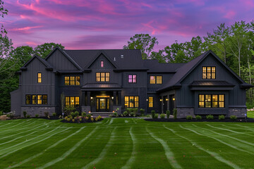 Modern elegance of charcoal-gray home at dusk, purple-pink sky, surrounded by immaculate lawn, sophisticated landscaping, peaceful absence of people.