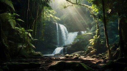Panorama of a waterfall in a tropical rainforest, long exposure
