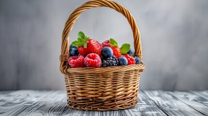 Fototapeta na wymiar A wicker basket filled with raspberries, blueberries, raspberries, and raspberries