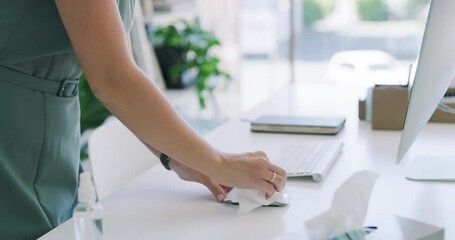 Woman, office and sanitize desk to disinfect, laptop and hygiene for germs, virus and disease. Employee, infection and protection from bacteria, spray bottle and safety precaution for illness