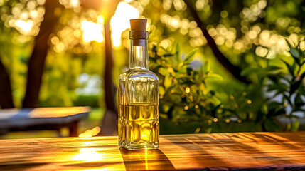 A bottle of olive oil sits on a wooden table next to two small bowls. The bottle is clear and the oil inside is golden. The scene is peaceful and inviting, with the sun shining through the trees