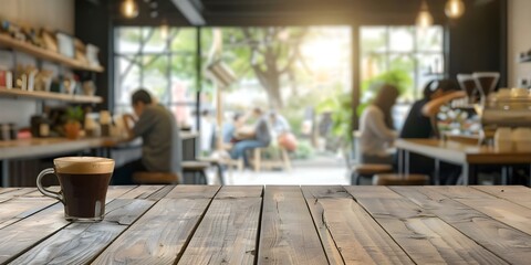 People in a coffee shop with a blurred background, featuring an empty wood table top for product display. Concept Coffee Shop Vibes, Stylish Display, Lifestyle Scene, Cozy Atmosphere