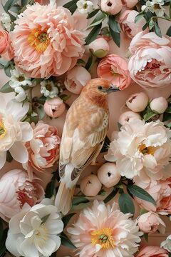 Collage of a fine art of a beautiful bird surrounded by flowers overlain in shades of Peach Fuzz.