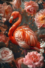 Collage of a fine art of a beautiful bird surrounded by flowers overlain in shades of Peach Fuzz.