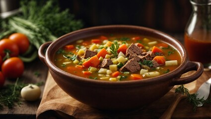 Healthy vegetable soup cooked with fresh meat