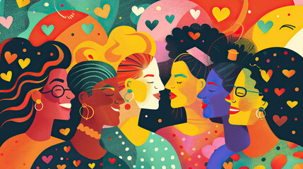 Colorful illustration of women with different skin colors, backgrounds and cultural heritage with hearts and abstract shapes on background in vibrant colors with emphasis on diversity
