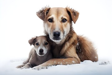 Protective Love: Dog Mother and Puppy with White Background