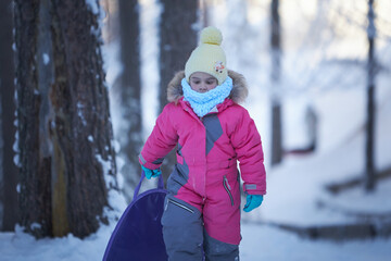 Whispering Willows Winter Adventure, A Young Girls Snowy Woods Stroll With Her Trusty Snowboard