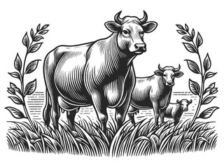  cows grazing peacefully among wildflowers and grass sketch engraving generative ai fictional character vector illustration. Scratch board imitation. Black and white image. - obrazy, fototapety, plakaty