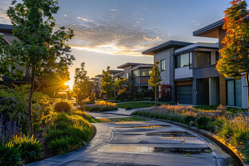 Morning glow on suburban homes with dew-covered gardens and modern architecture. / - obrazy, fototapety, plakaty