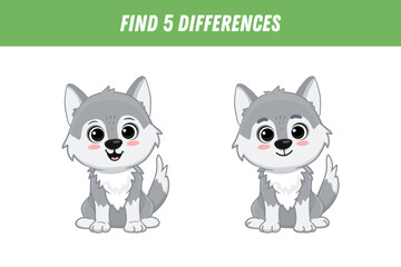 Find five differences between two pictures of cute cartoon wolf. Activity page. Vector