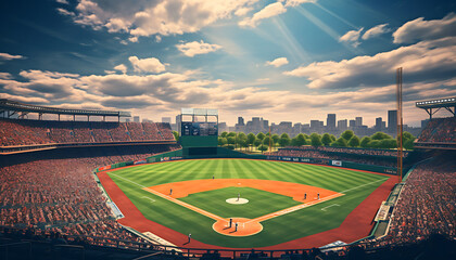 A packed baseball stadium on a sunny day - obrazy, fototapety, plakaty