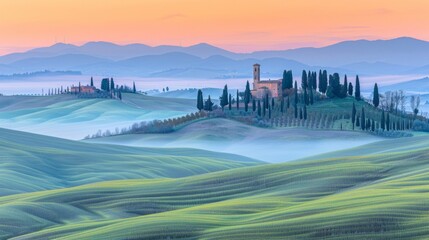 Obraz premium A painting of hills, trees, and a tower with sunset in the background