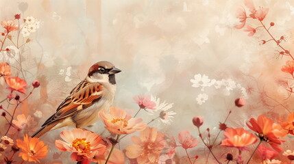 Collage of a fine art of a beautiful bird surrounded by flowers overlain in shades of Peach Fuzz.