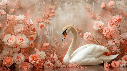 Collage of a fine art of a beautiful bird surrounded by flowers overlain in shades of Peach Fuzz.