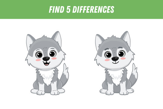 Find five differences between two pictures of cute cartoon wolf. Activity page. Vector