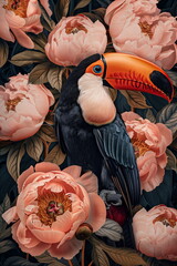 Collage of a fine art of a beautiful bird surrounded by flowers overlain in shades of Peach Fuzz.