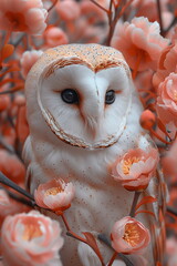 Collage of a fine art of a beautiful bird surrounded by flowers overlain in shades of Peach Fuzz.