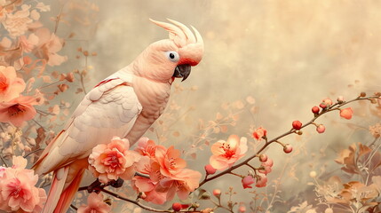 Collage of a fine art of a beautiful bird surrounded by flowers overlain in shades of Peach Fuzz.