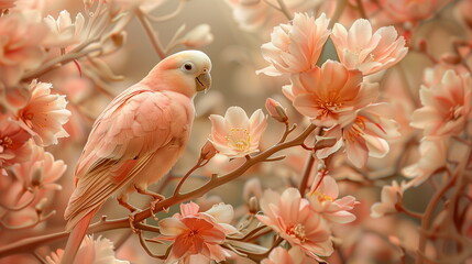 Collage of a fine art of a beautiful bird surrounded by flowers overlain in shades of Peach Fuzz.