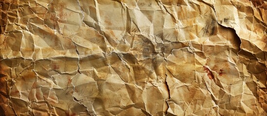 A closeup of a crumpled piece of brown paper resembling a textured wood or rock pattern. The beige...