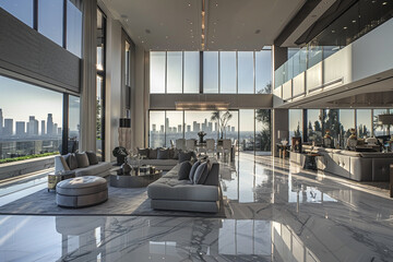 Opulent silver tones capture a house with luxury furnishings and floor-to-ceiling windows showcasing a city skyline.