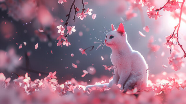 an adorable schrimp for my white cat, Cherry blossoms,generative ai