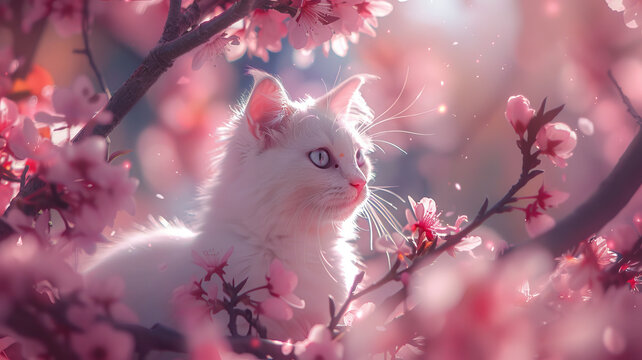 an adorable schrimp for my white cat, Cherry blossoms,generative ai