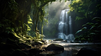 Panoramic view of a beautiful waterfall in a tropical rainforest - obrazy, fototapety, plakaty