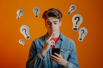 A young man looks intently at the screen of his mobile phone, with flying question marks and glowing light bulbs around him. - obrazy, fototapety, plakaty