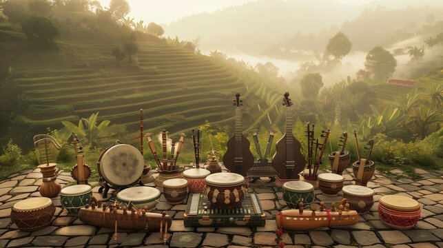 A hyper-realistic image of a traditional Nepali musical ensemble, with instruments such as the madal, sarangi, and bansuri, arranged against the backdrop of a lush, green terrace farm.