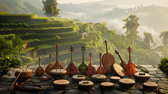A hyper-realistic image of a traditional Nepali musical ensemble, with instruments such as the madal, sarangi, and bansuri, arranged against the backdrop of a lush, green terrace farm.