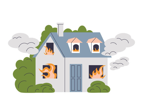 Fire in two-story house. Burning cottage. Flames from windows residential building. Blazing house. Property fire insurance concept. Flat vector illustration on white isolated background.
