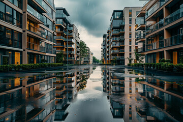 Rain-soaked view of European apartment complex, reflection of modern buildings on wet surfaces, mirror-like effect.