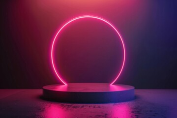 Abstract empty podium scene with a glowing neon pink circle on a dark background for a product presentation Generative AI