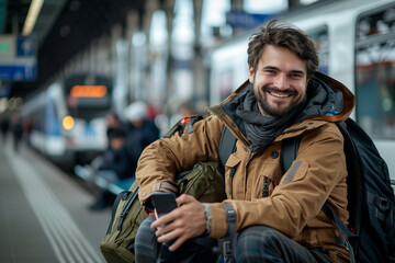 Smiling Man With Smartphone at Train Station