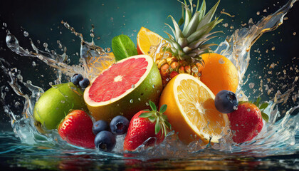 Fruit splashing with an explosion of color and cinematic lighting