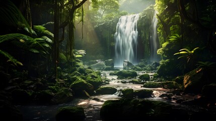 Panoramic view of a small waterfall in the rainforest.