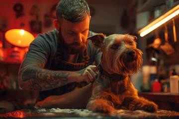 Veterinarian cutting dogs hair with equipment at clinic, groomer, dog hairdresser. washing dogs, smooth fur, portrait and close-up. man and woman grooming barbershop happy dog salon and studio - obrazy, fototapety, plakaty