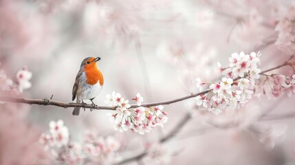  A little bird perched atop a tree's branch, surrounded by pink blossoms in the foreground and a gray backdrop