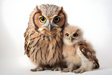 Warm Embrace: Owl Mother and Owlet on White Background