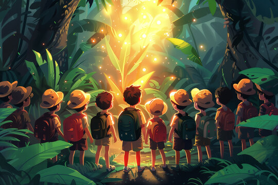 Group of People Standing in Forest Clearing