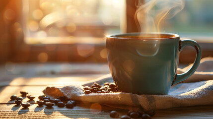 A mug of hot coffee with scattered coffee beans on a woven cloth. Morning golden hour in a cafe. - obrazy, fototapety, plakaty