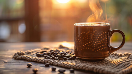A mug of hot coffee with scattered coffee beans on a woven cloth. Morning golden hour in a cafe. - obrazy, fototapety, plakaty
