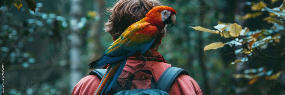 Wall mural a vibrant parrot with a mix of red, blue, green and yellow feathers perched confidently on the back 