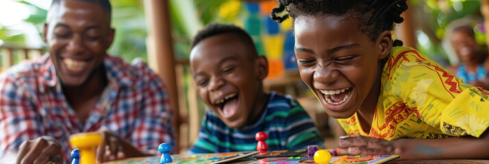 A father and two children laugh joyously while playing a colorful board game at a wooden table, showcasing a moment of family bonding