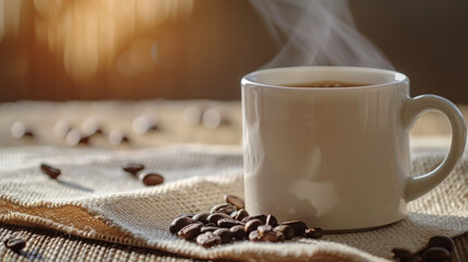 A mug of hot coffee with scattered coffee beans on a woven cloth. Morning golden hour in a cafe.