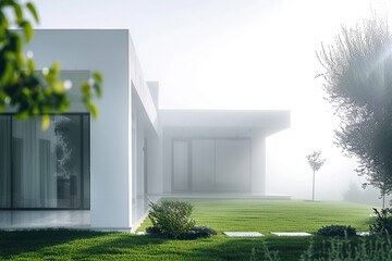 Serene ambiance of a white home in morning mist, accentuating minimalist design and soft green lawn in high-definition detail.